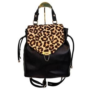 Dune London Backpack Genuine Calf Hair Leopard Print Saffiano Leather Flap Black